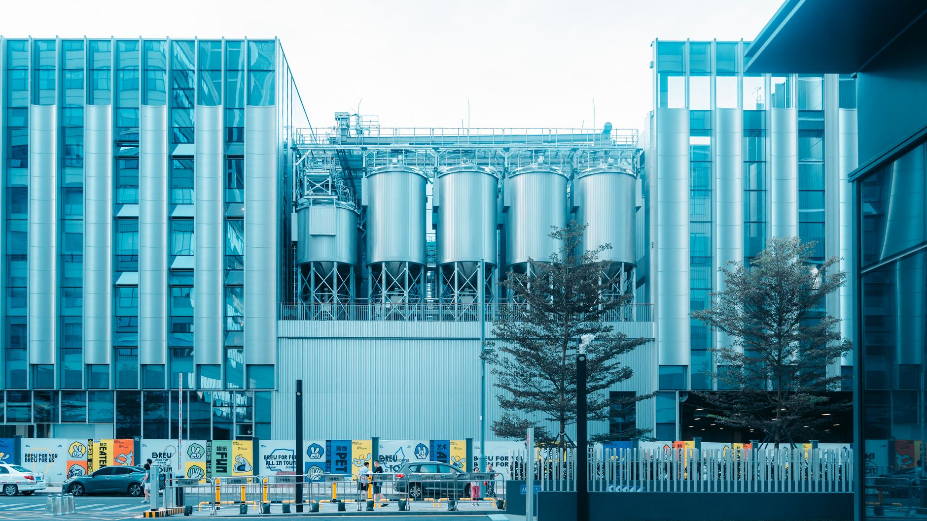 The modern works and material silos of a plastics manufacturing plant